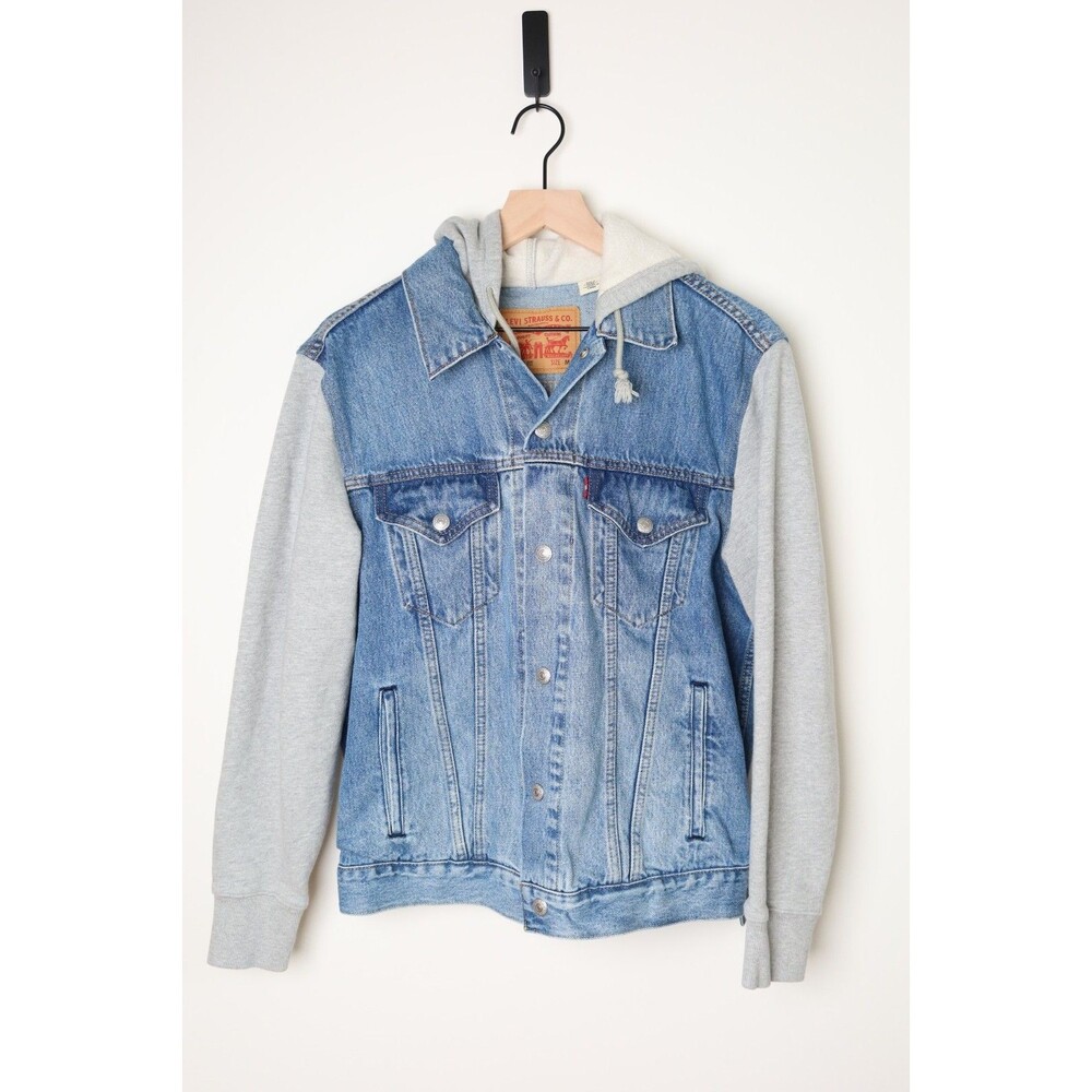 Levis Mens Size Medium Denim Snap Sweatshirt Hooded Jacket Vintage Fit Trucker